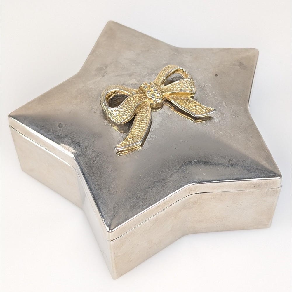 Vtg Bow Star Trinket Box‎ Silver Gold Tone Coquette Preppy Y2K Dorm Decor Heavy